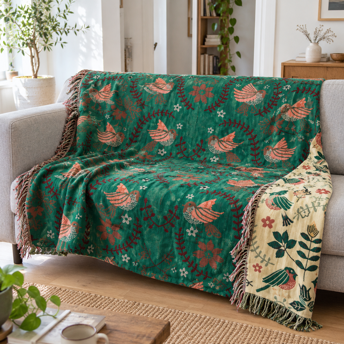 Green Bird reversible cotton throw on a light gray sofa