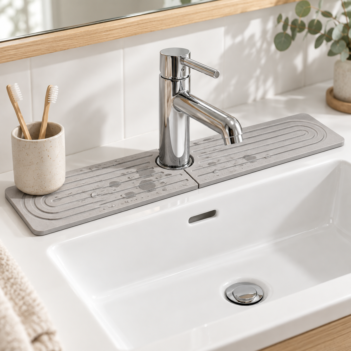 Light grey diatomite sink mat absorbing water splashes at a bathroom vanity