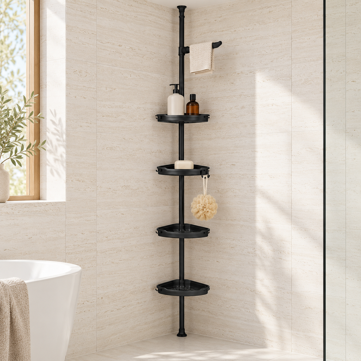 Black 4 tier corner shower caddy on a floor to ceiling tension pole in a white travertine bathroom