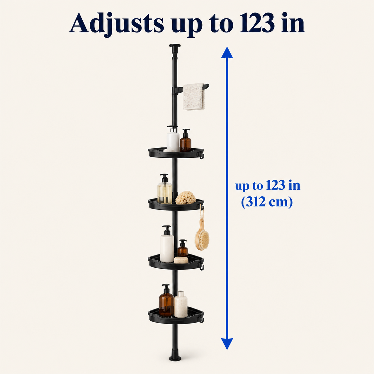 Infographic: shower caddy pole adjusts up to 123 inches