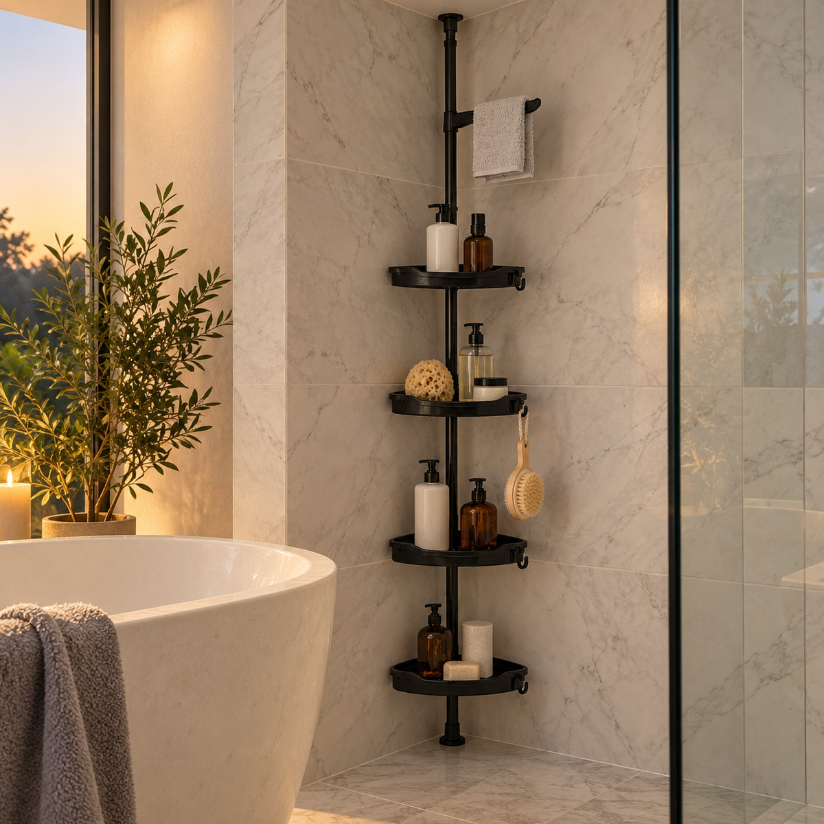 Corner shower caddy beside a freestanding bathtub in a marble bathroom