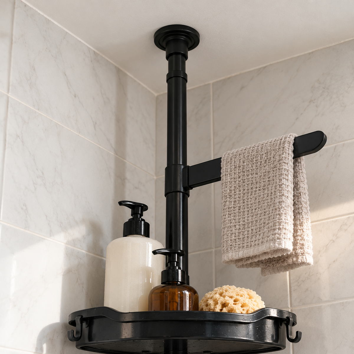 Black rubber cap of the shower caddy pole pressed against the ceiling