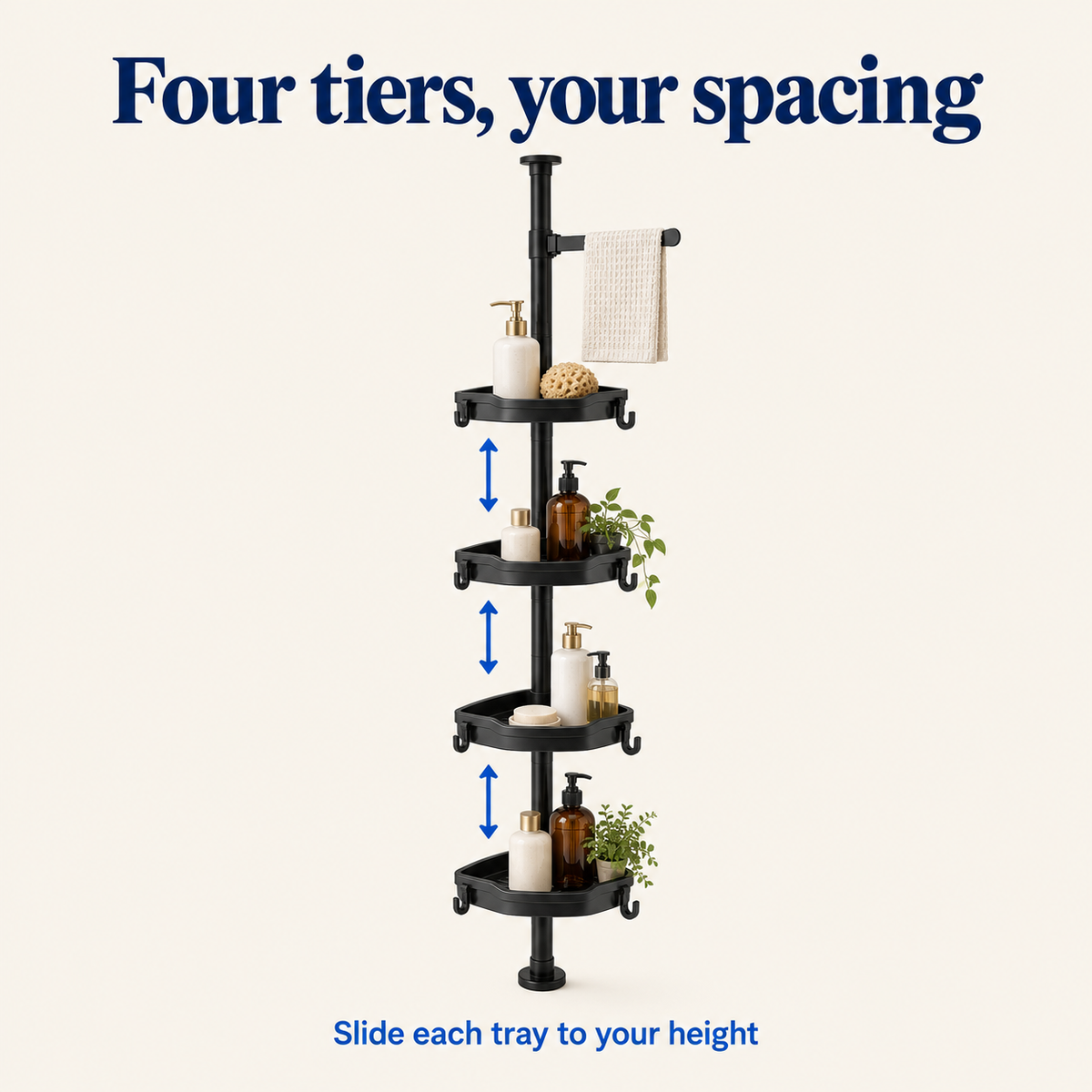 Infographic: four tiers, slide each tray to your height