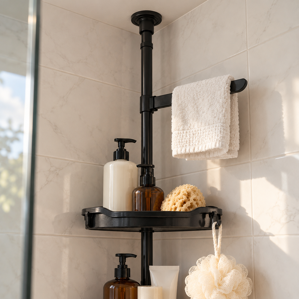 Towel bar and hooks at the top of the corner shower caddy