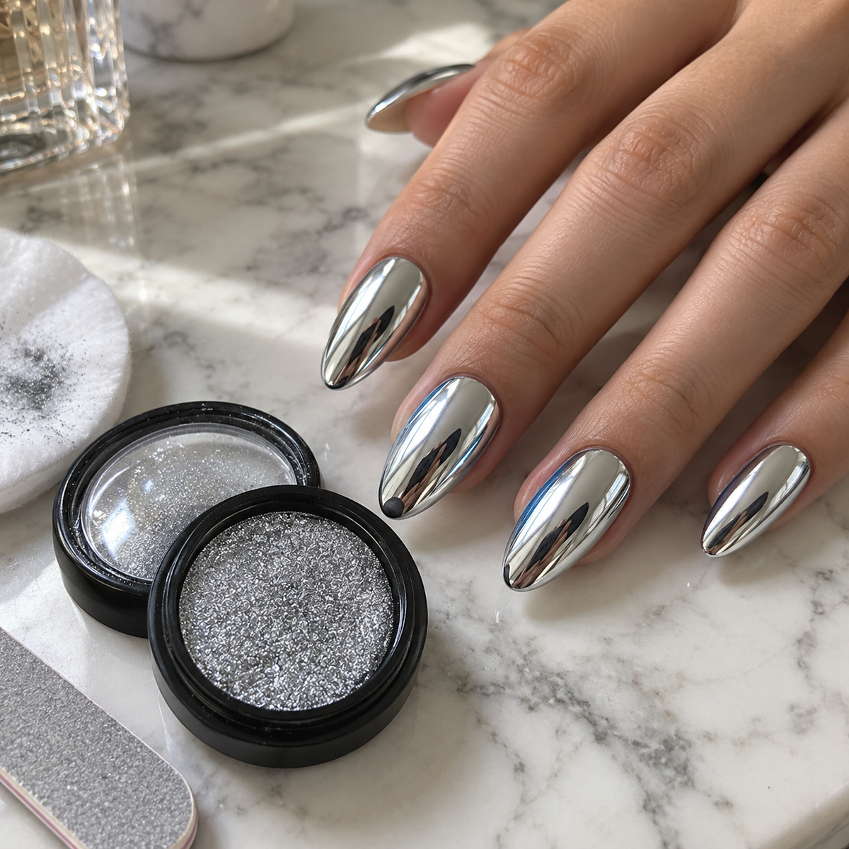 Hand with silver mirror chrome nails beside an open pot of silver chrome nail powder
