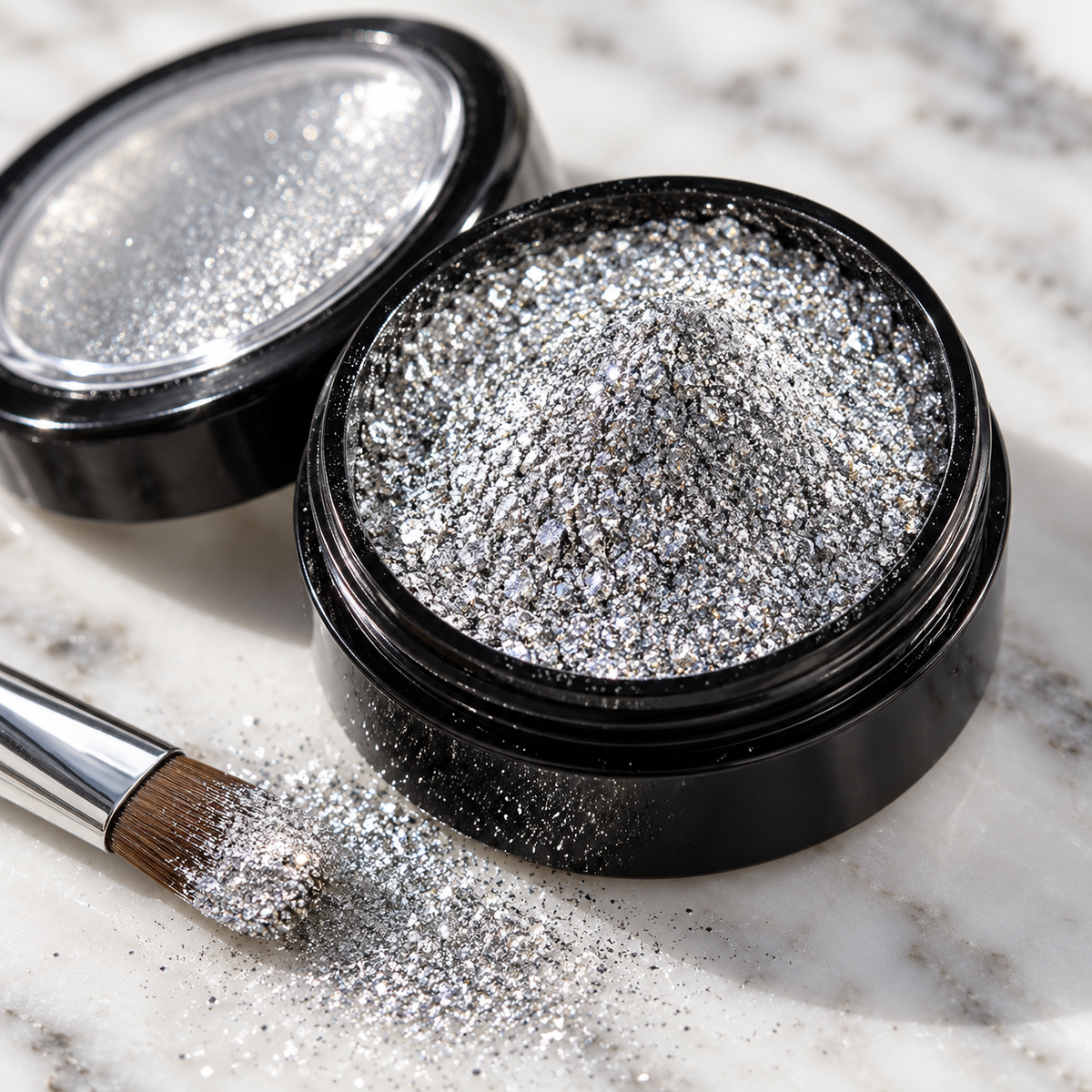 Close-up of fine silver chrome nail powder in its pot
