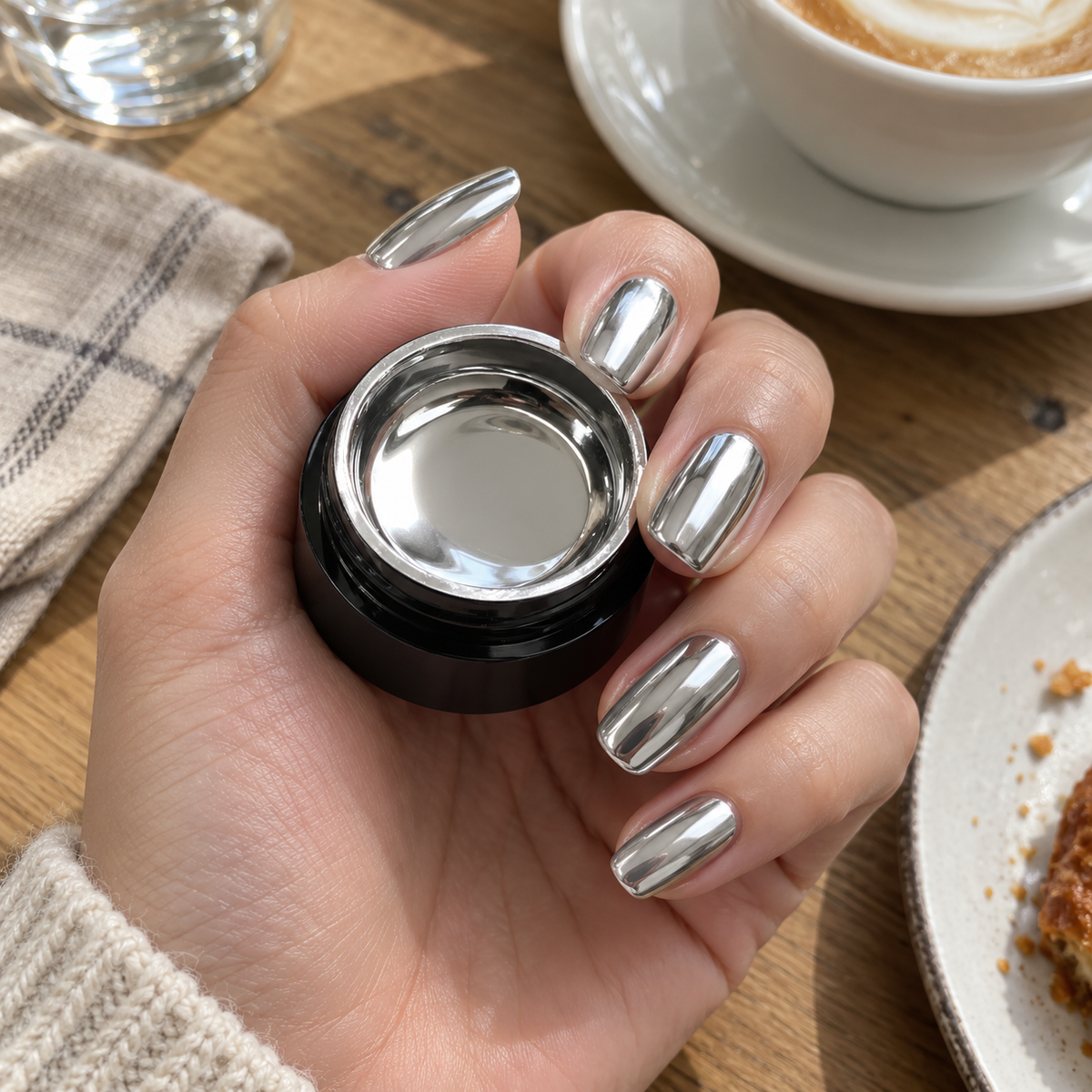 Hand with mirror chrome nails holding the gel polish jar at a cafe