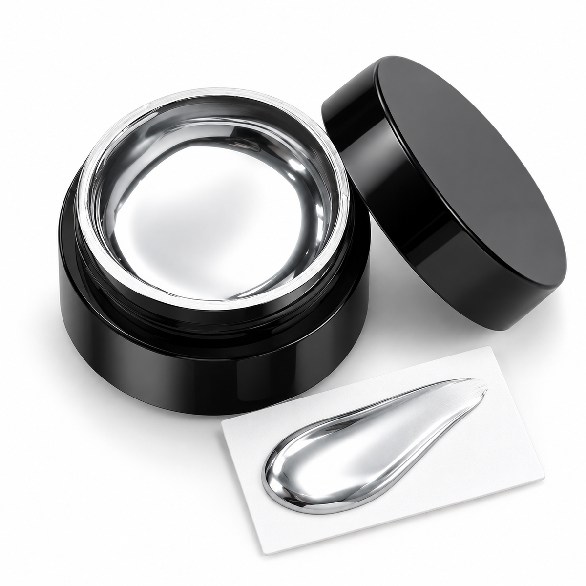 Mirror silver chrome gel polish jar with a fully painted chrome nail