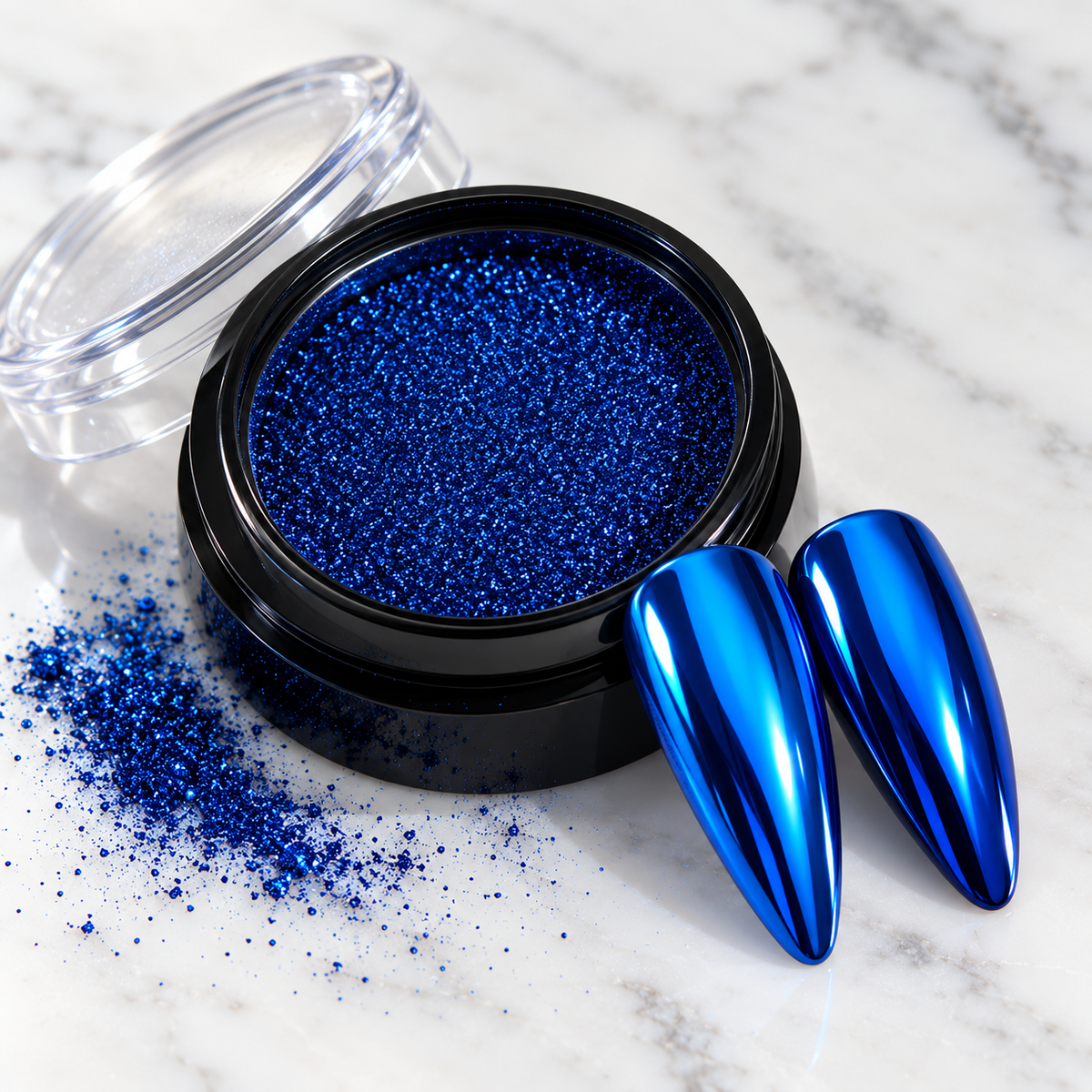 Blue mirror chrome nail powder pot with matching chrome nail tips