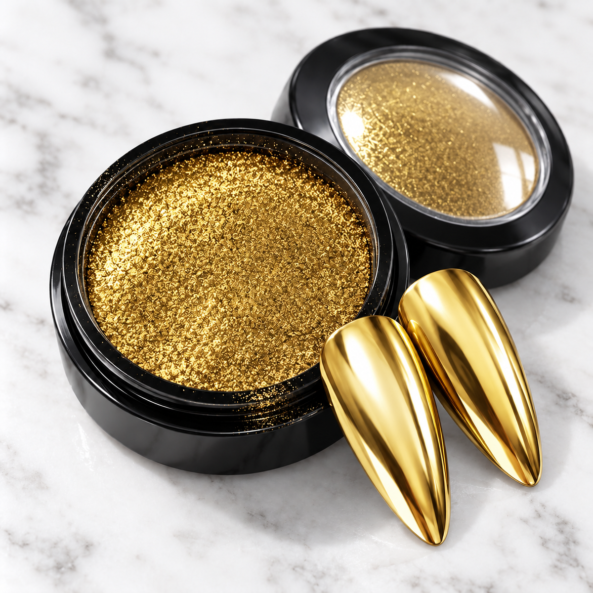 Gold mirror chrome nail powder pot with matching chrome nail tips