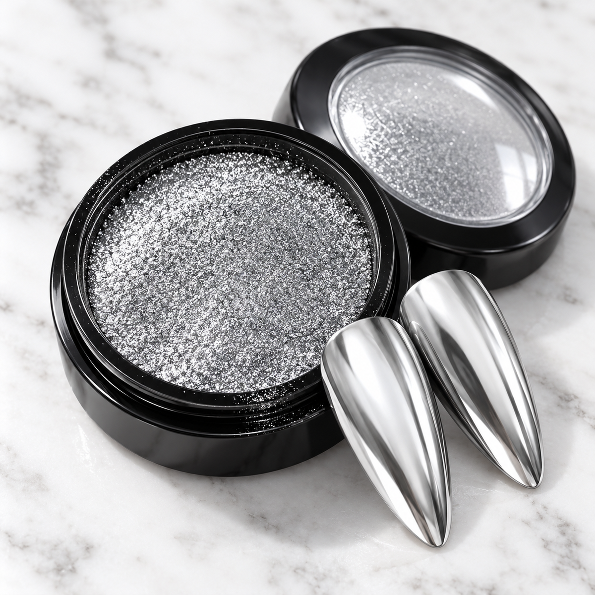 Silver mirror chrome nail powder pot with matching chrome nail tips