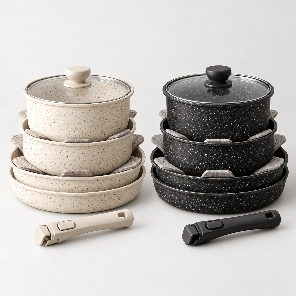 Cream and black cookware sets nested side by side