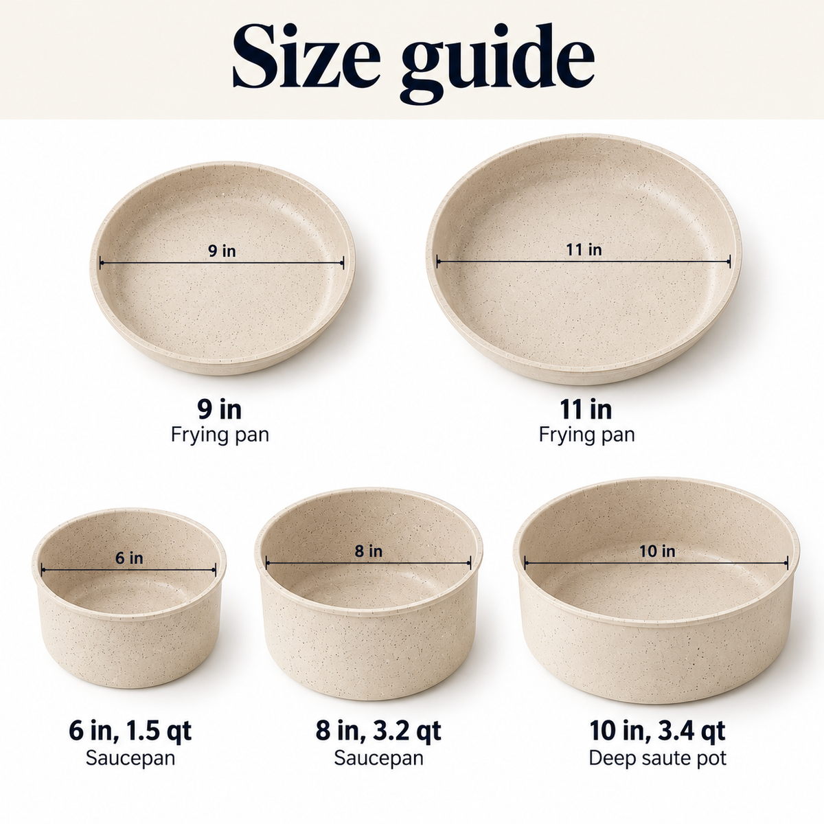 Cookware set size guide, cream: 9 in and 11 in frying pans, 1.5 qt and 3.2 qt saucepans, 3.4 qt deep saute pot
