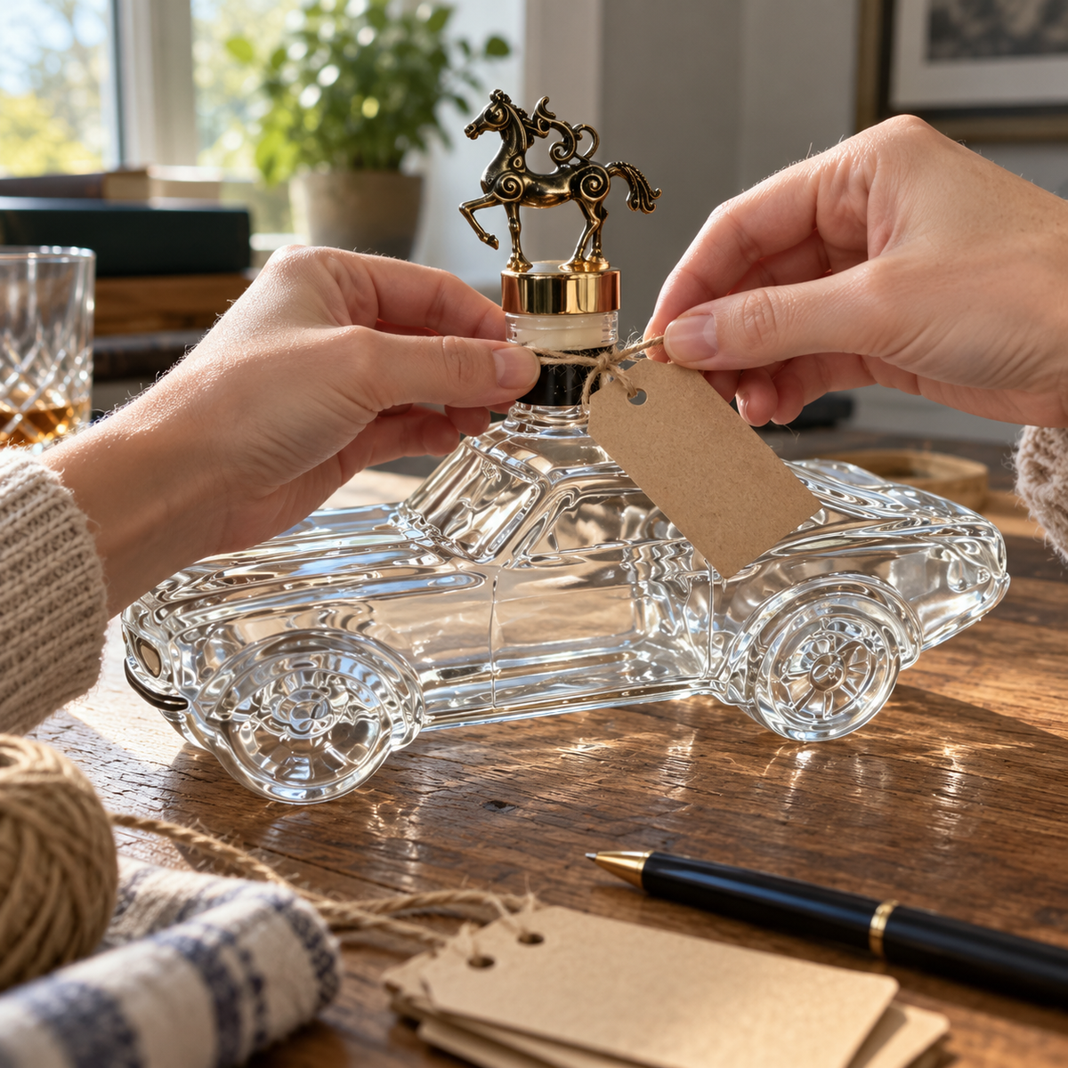Hands tying a blank tag onto the decanter neck