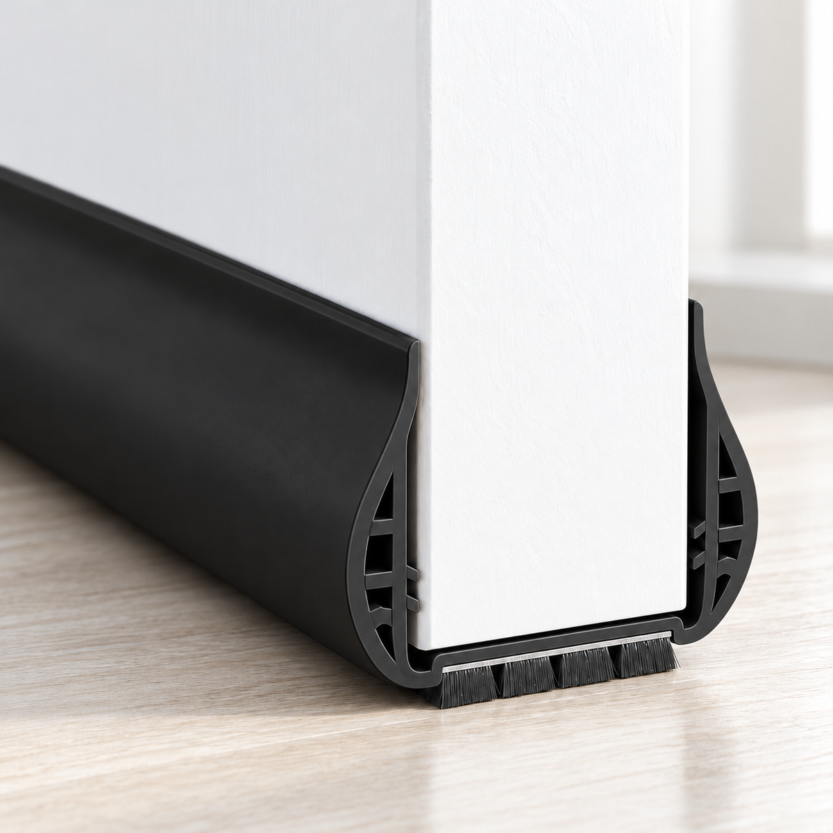 Black under-door draft stopper fitted on a white door with a dark brush strip at the floor