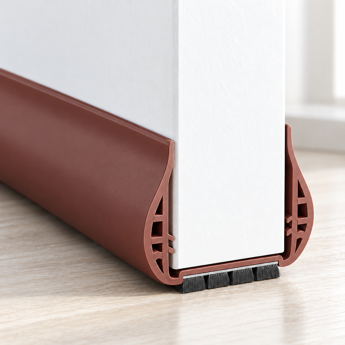 Brown under-door draft stopper fitted on a white door with a dark brush strip at the floor