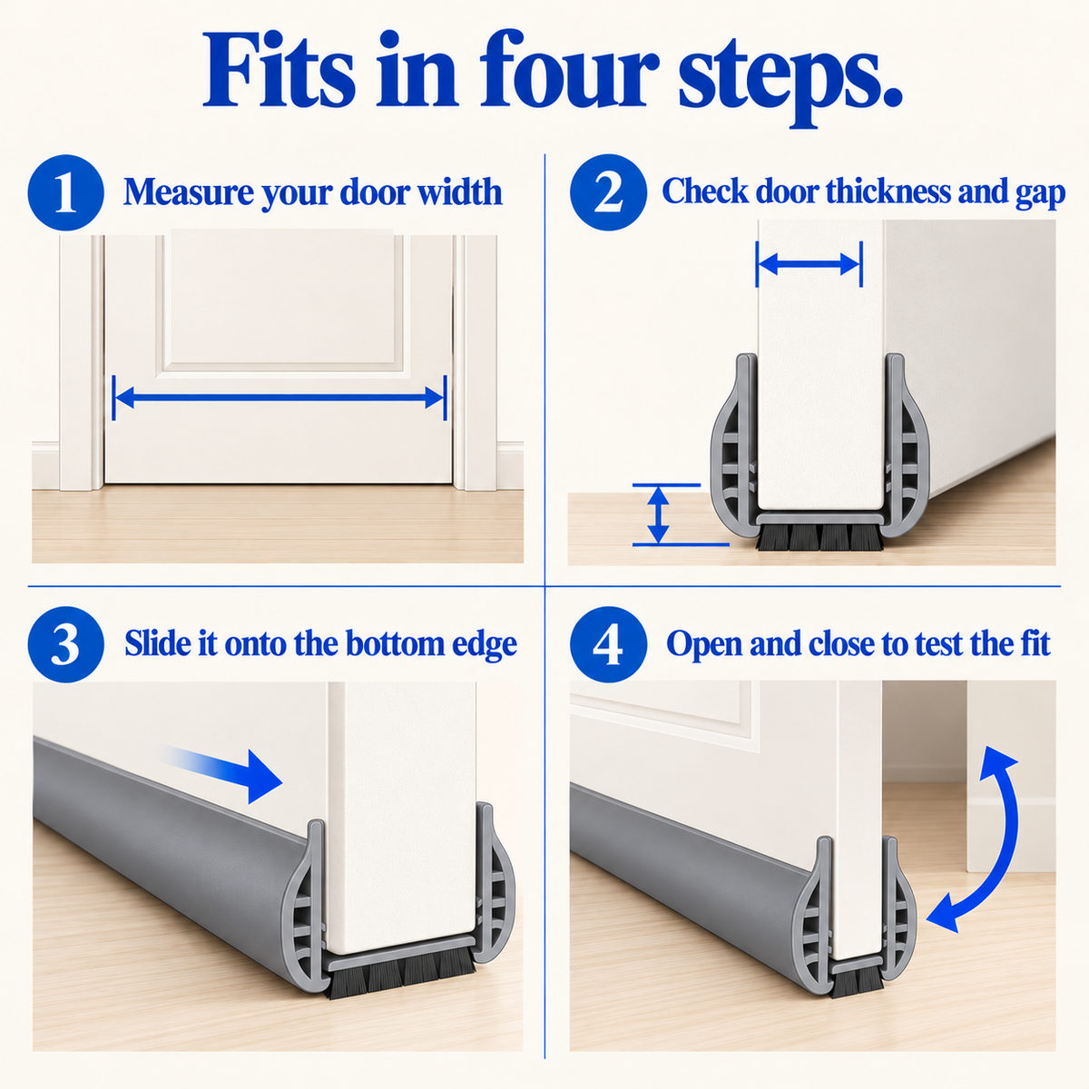 Infographic: fits in four steps, measure, check thickness and gap, slide on, test the fit