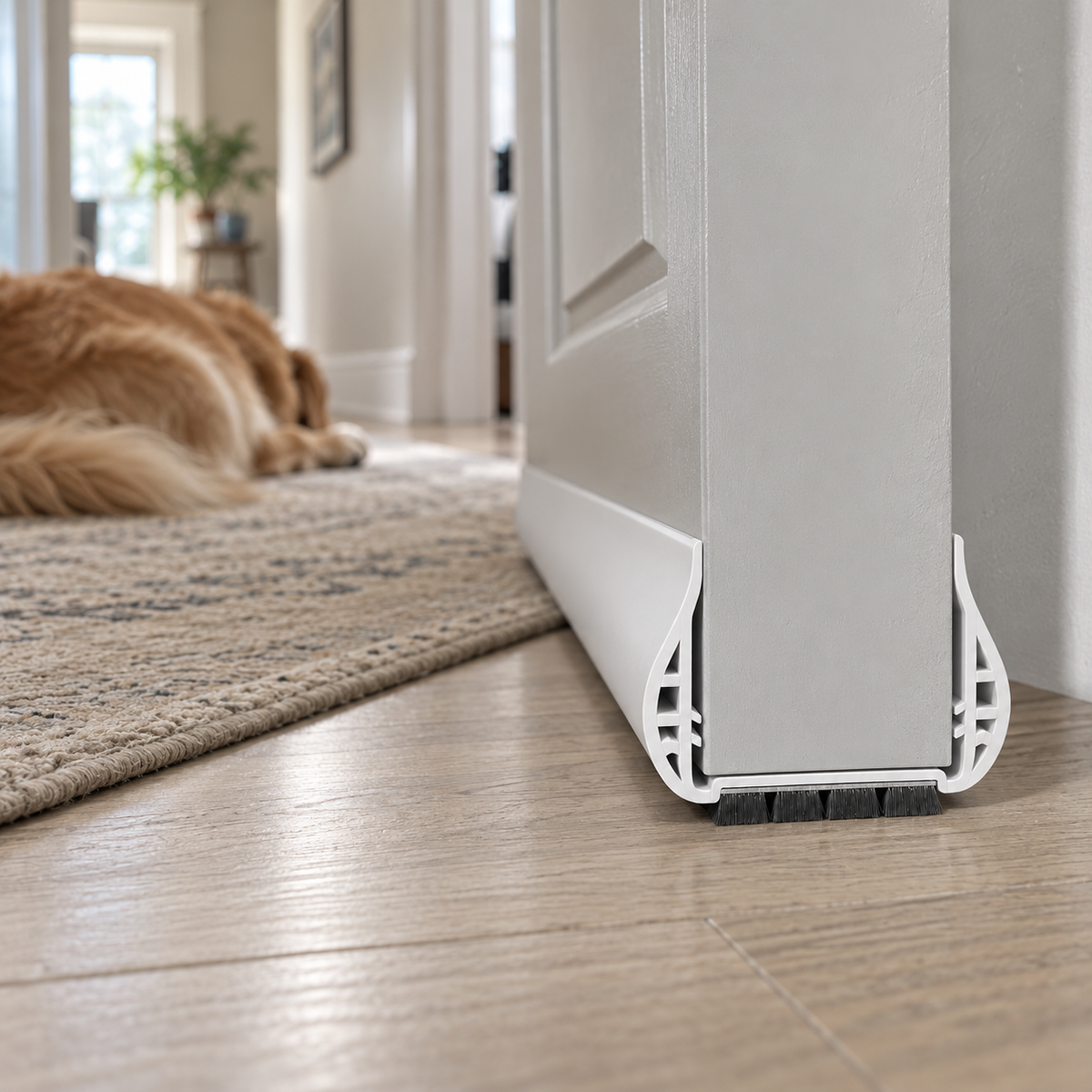 White draft stopper on a door with a dog resting on the rug beside it