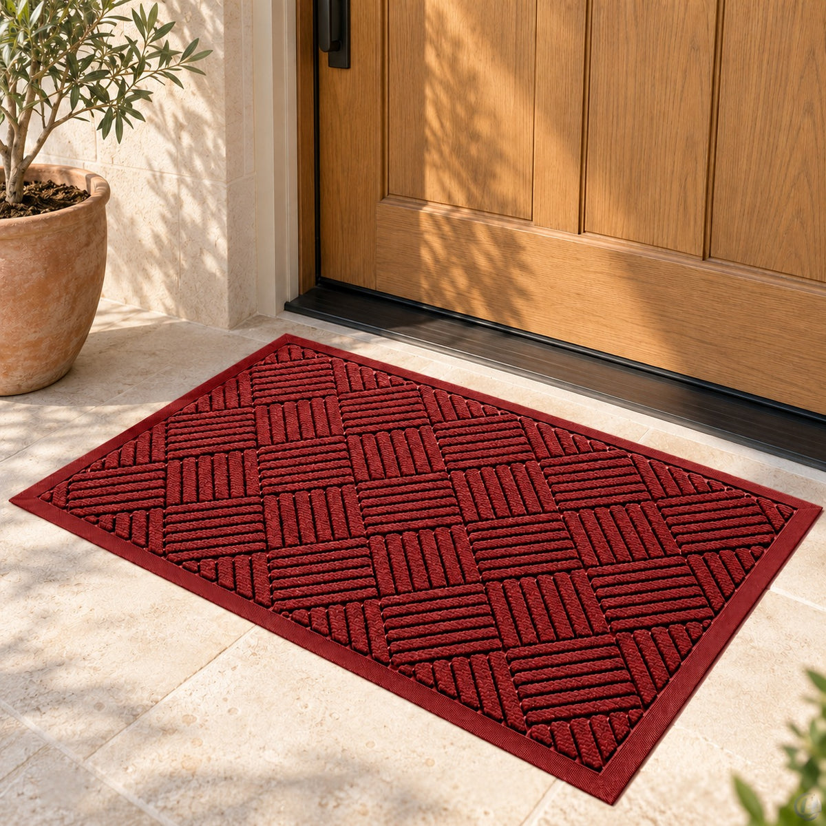 Red woven door mat at a front door