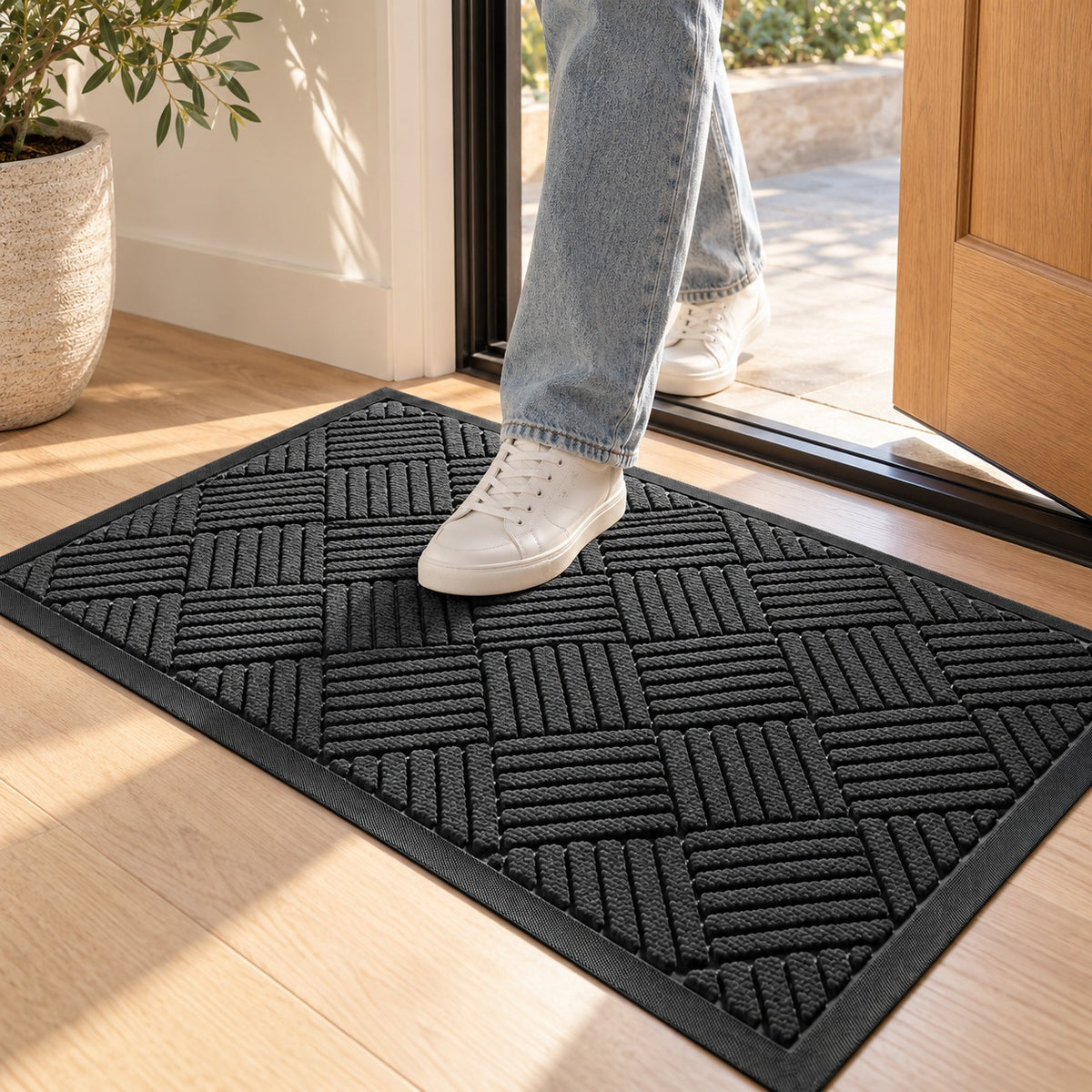 Wiping shoes on the woven door mat