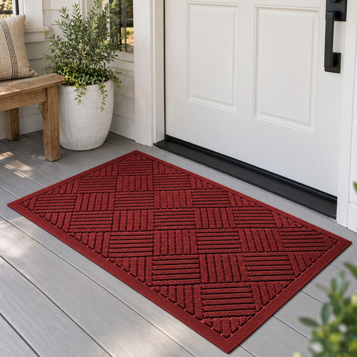 Red door mat at a farmhouse door