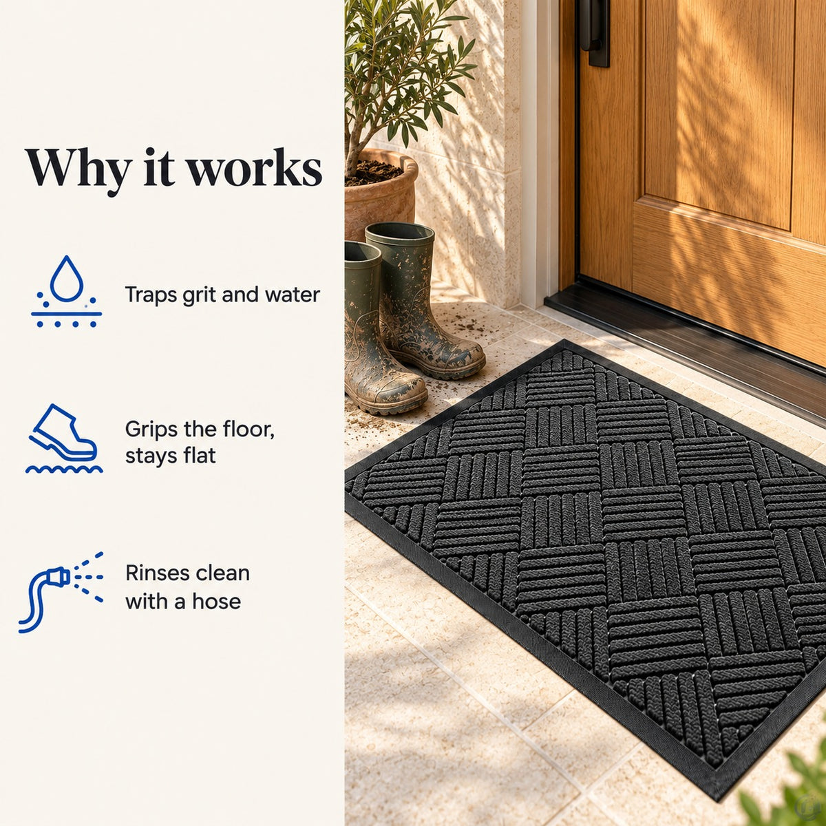 Why it works: traps grit and water, grips the floor, rinses clean with a hose