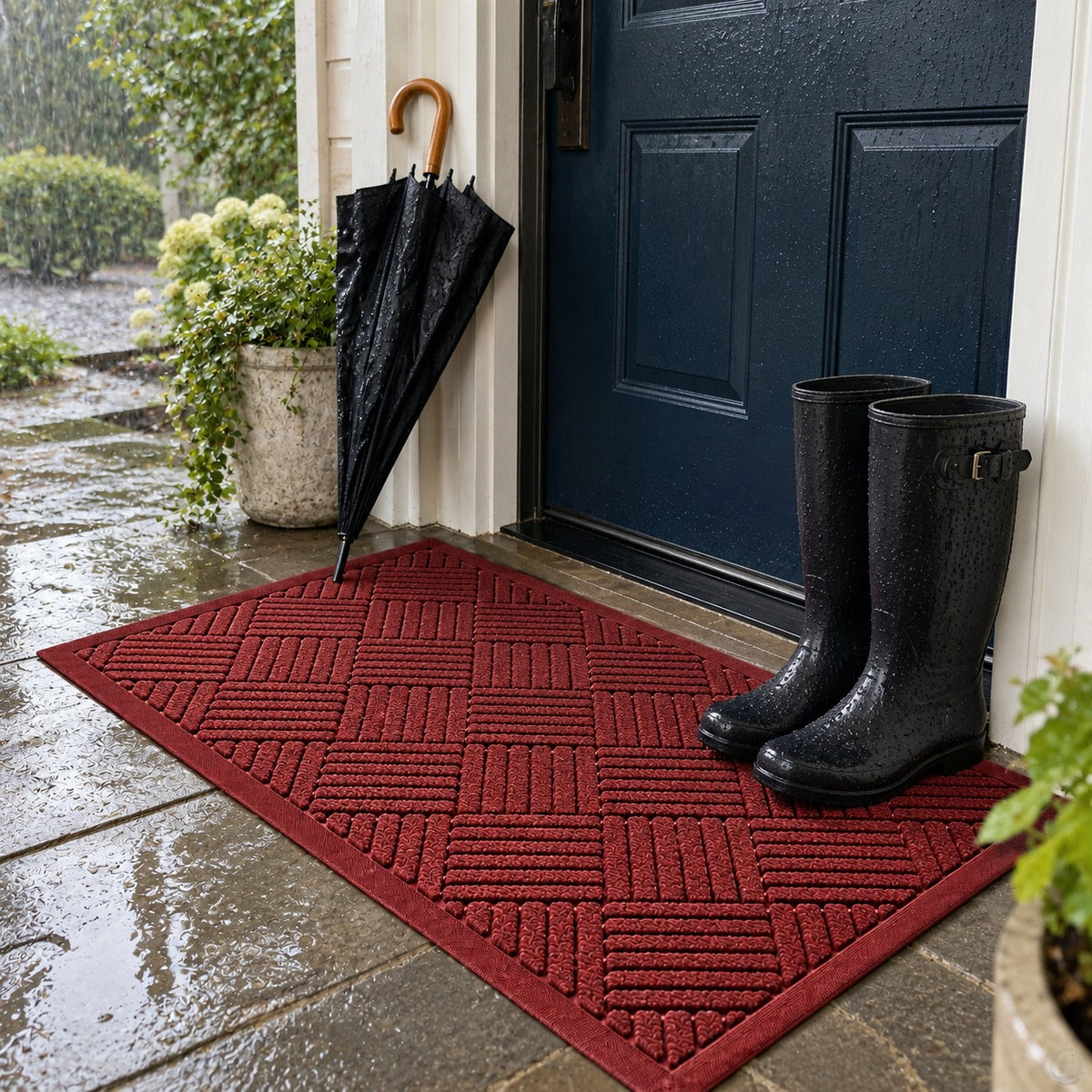 Red door mat on a covered porch on a rainy day
