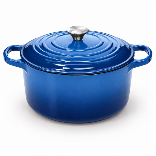 Blue enameled cast iron Dutch oven, 7 qt, with lid and silver knob