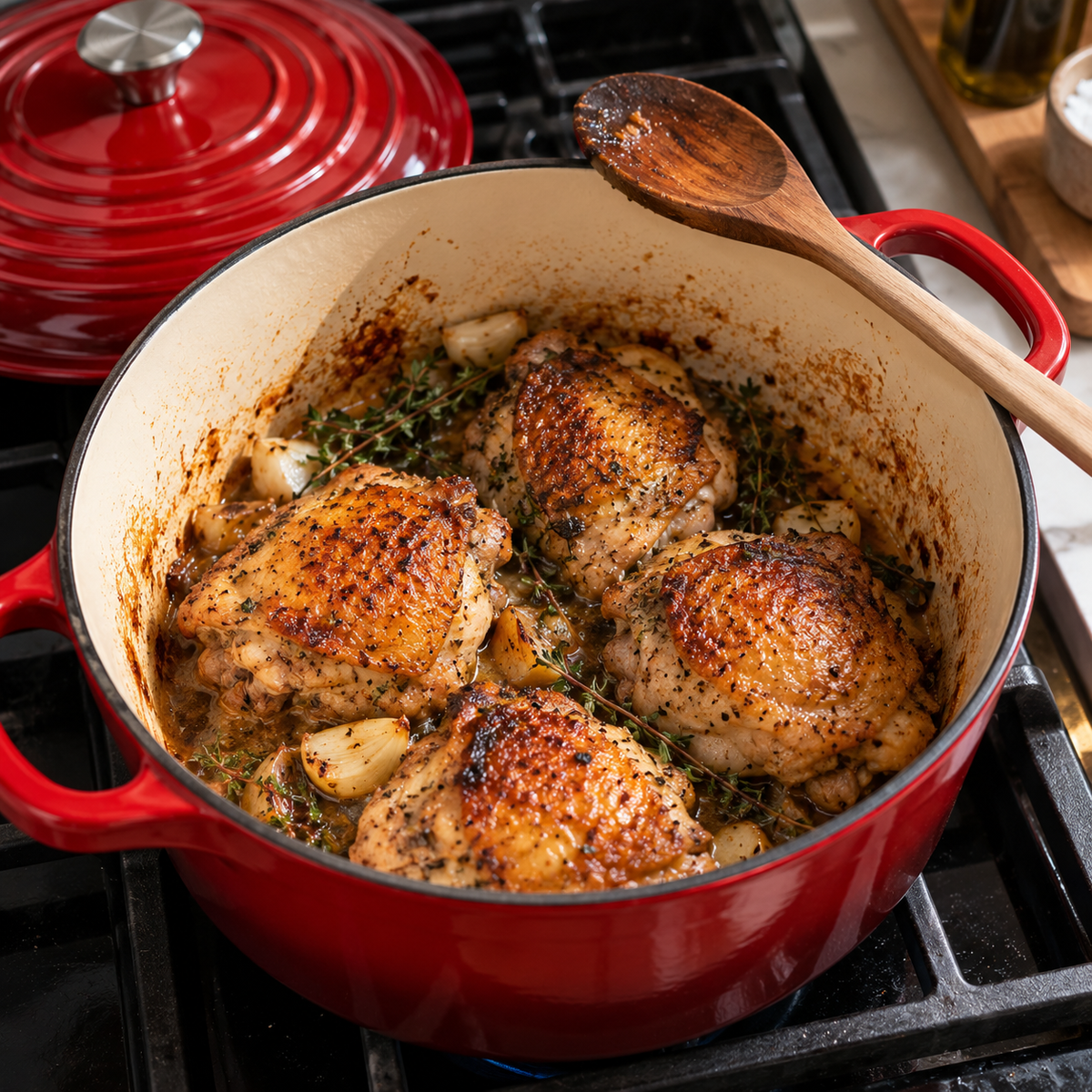 Seared chicken thighs on the cream enamel interior