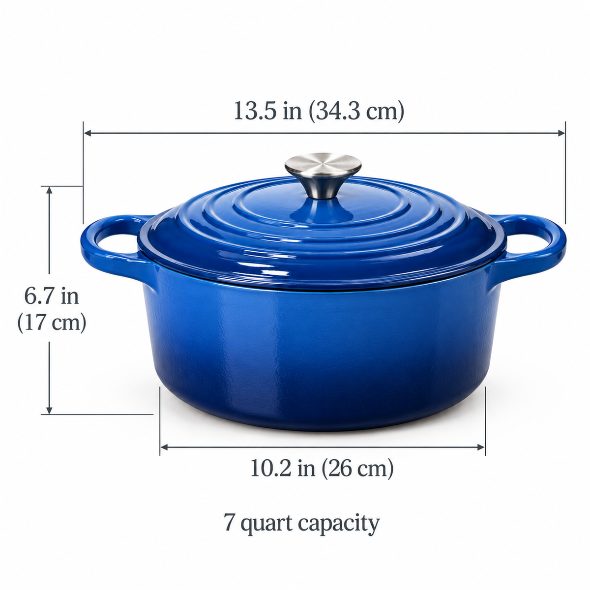 Blue Dutch oven size: 13.5 in wide with handles, 10.2 in across, 6.7 in tall