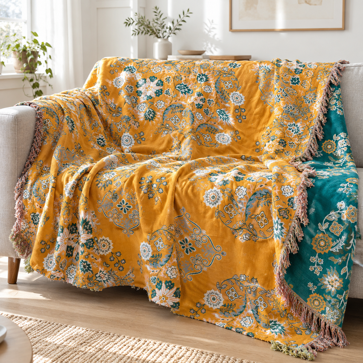 Yellow floral cotton gauze throw on a light gray sofa