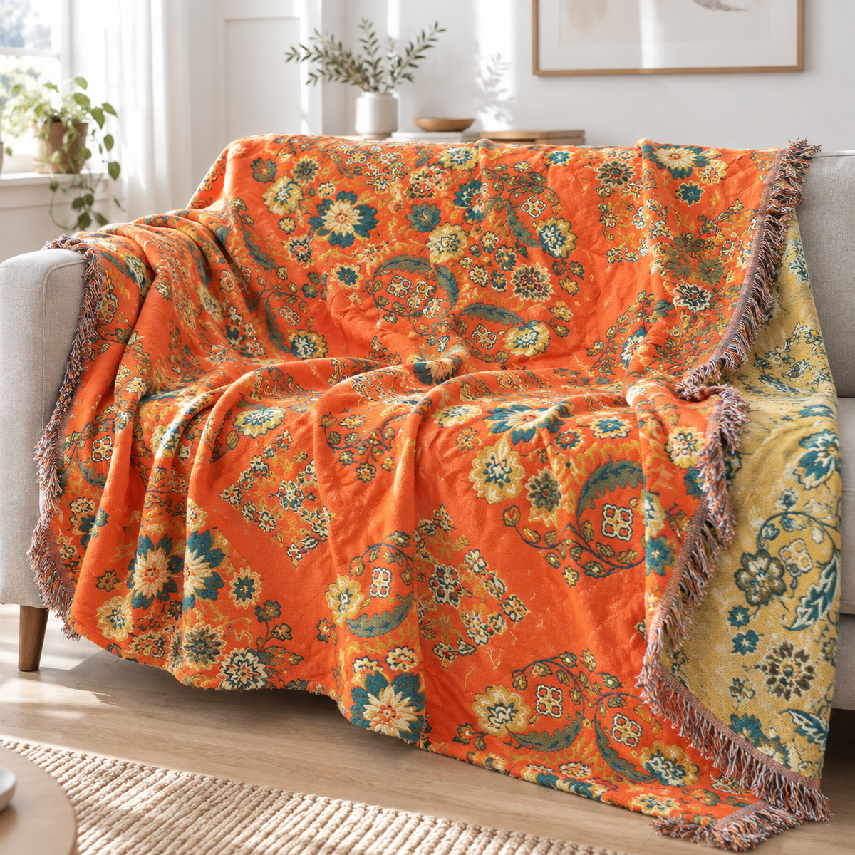 Orange floral cotton gauze throw on a light gray sofa
