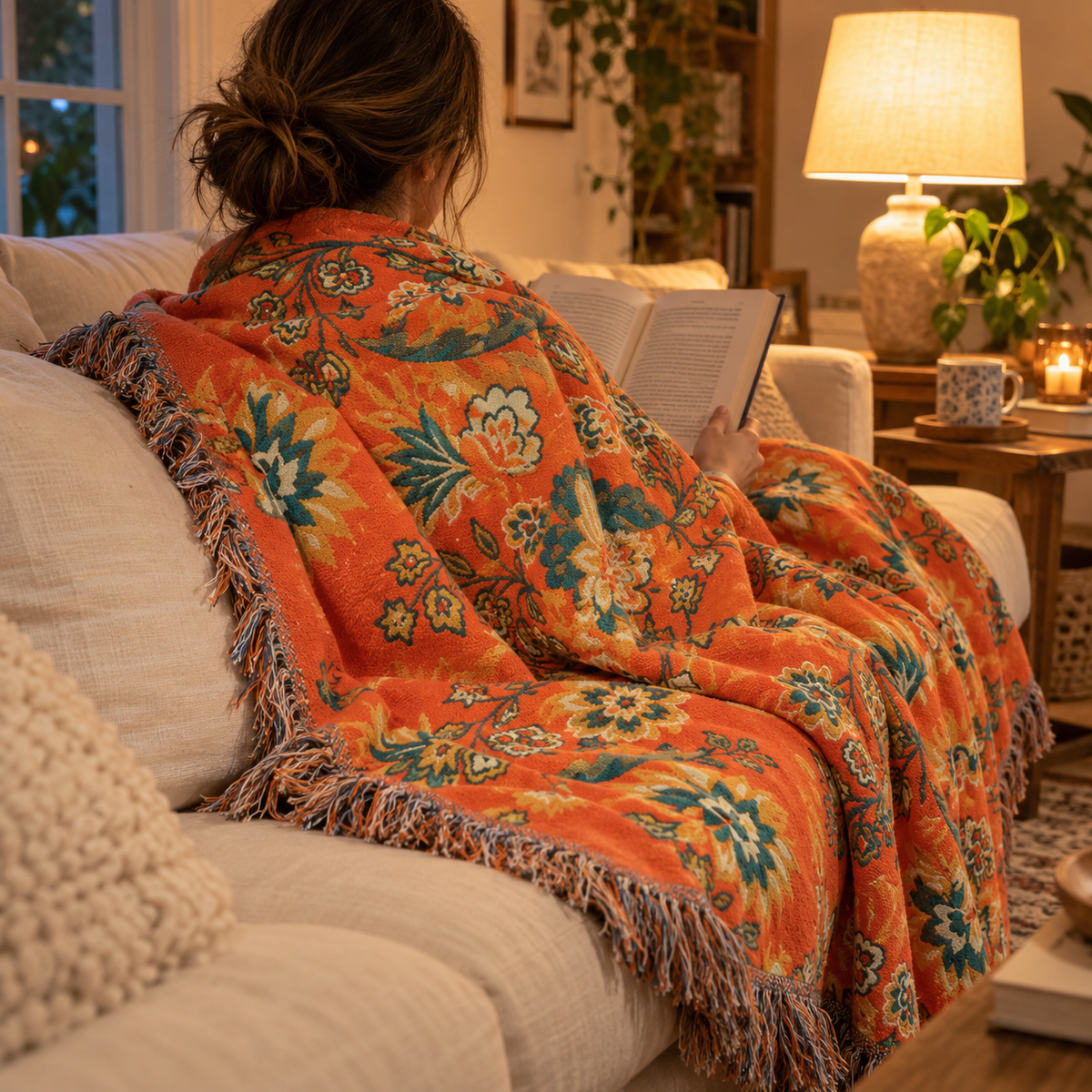 Reading on the sofa wrapped in the Orange floral throw
