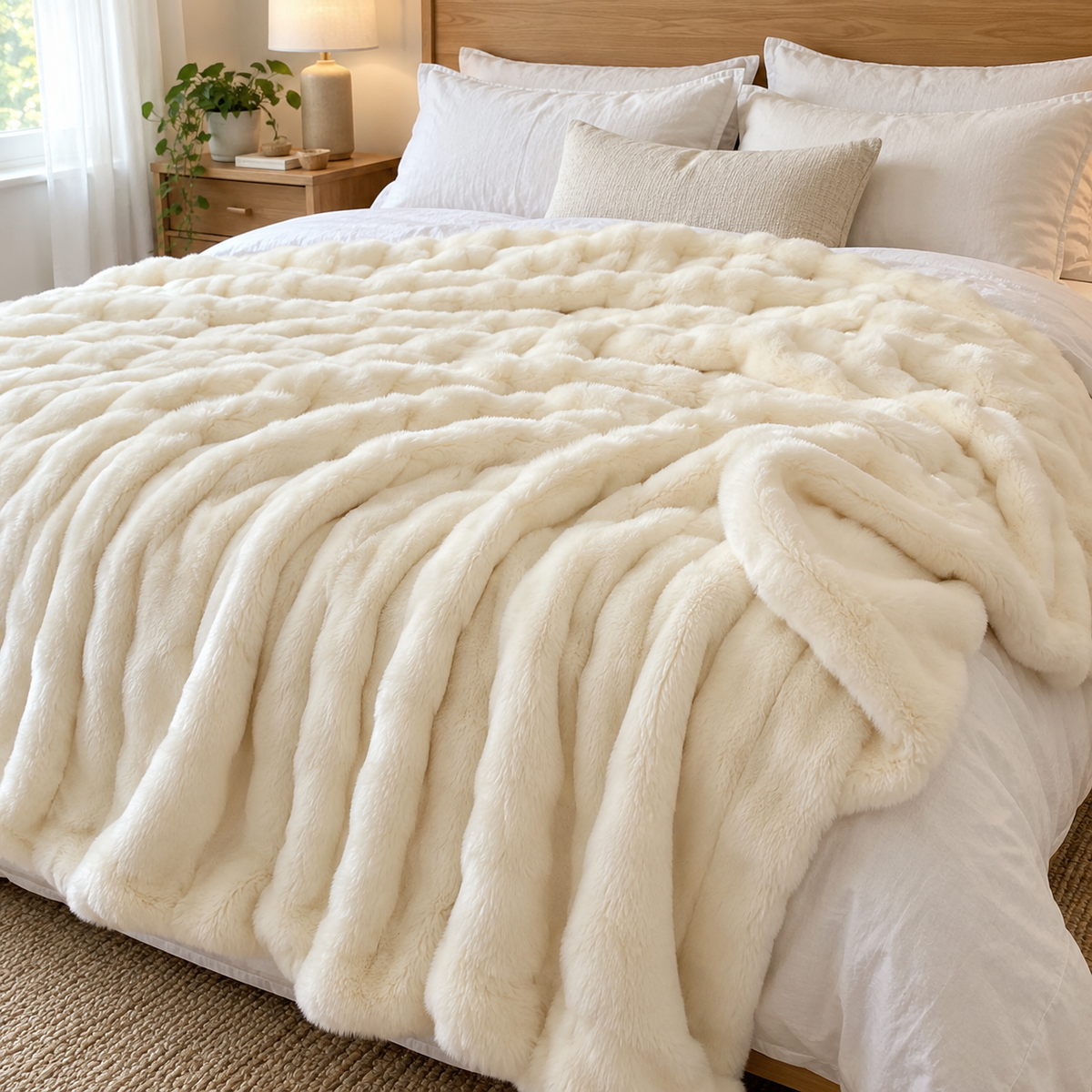 Ivory faux rabbit fur throw on a white bed