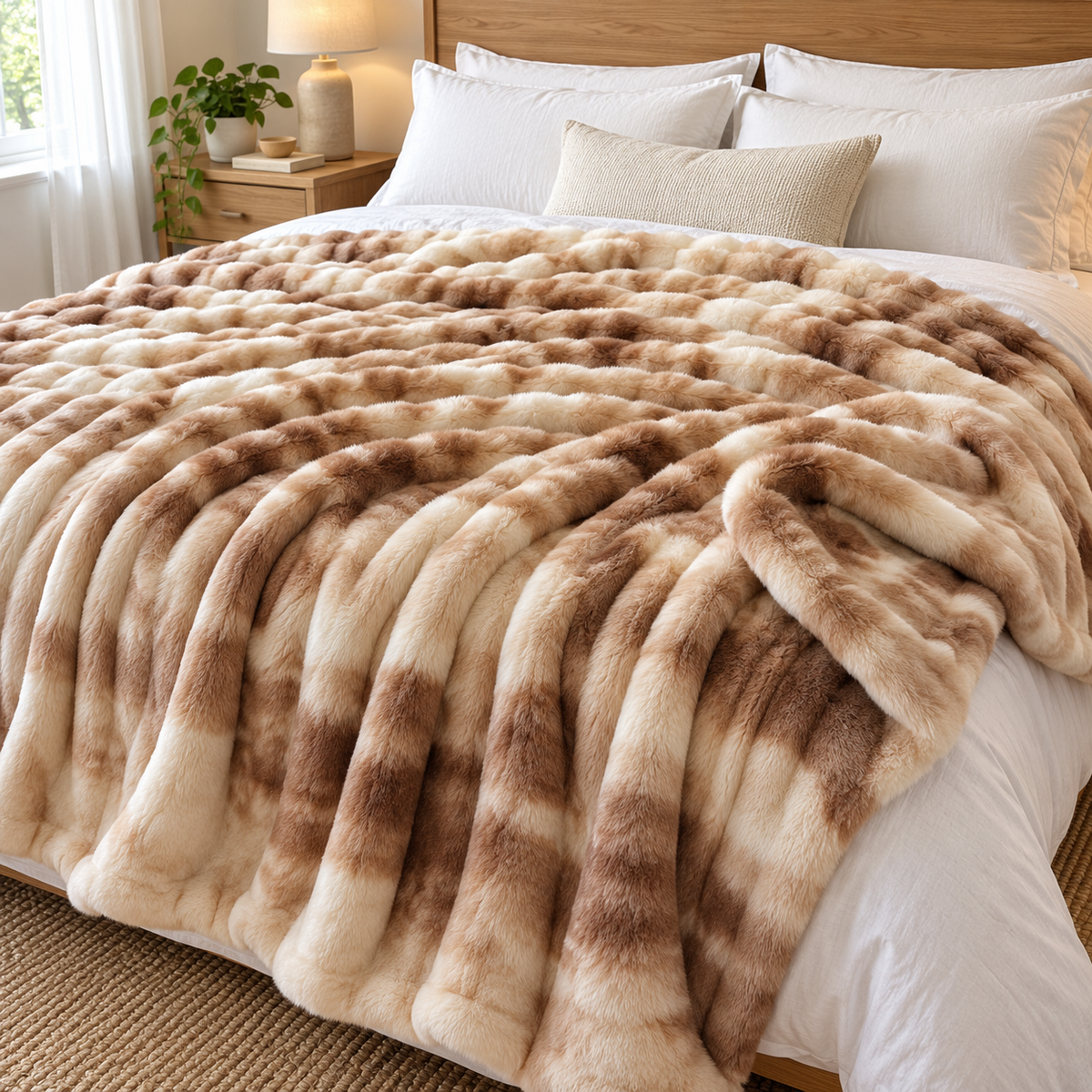 Caramel Swirl faux rabbit fur throw on a white bed