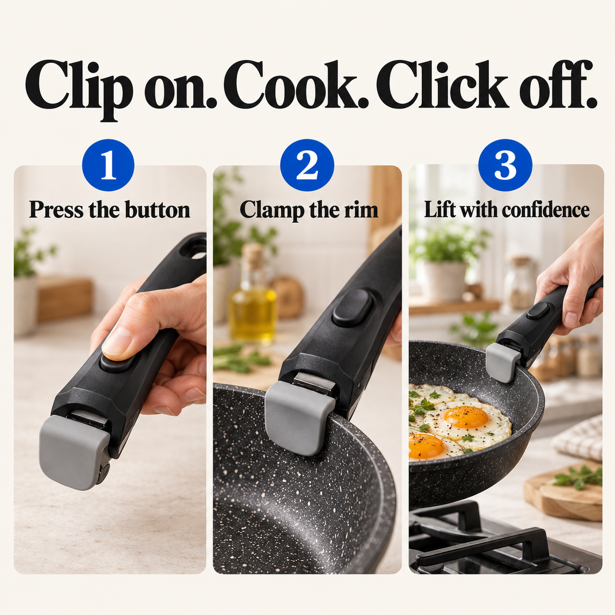 Press the button, clamp the rim, lift