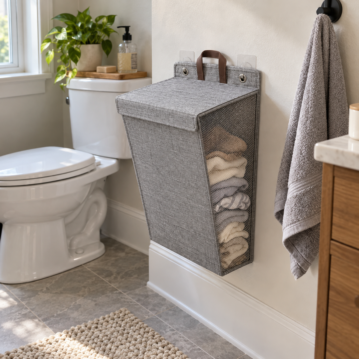 Gray hamper hung on a bathroom wall beside a toilet and a hand towel
