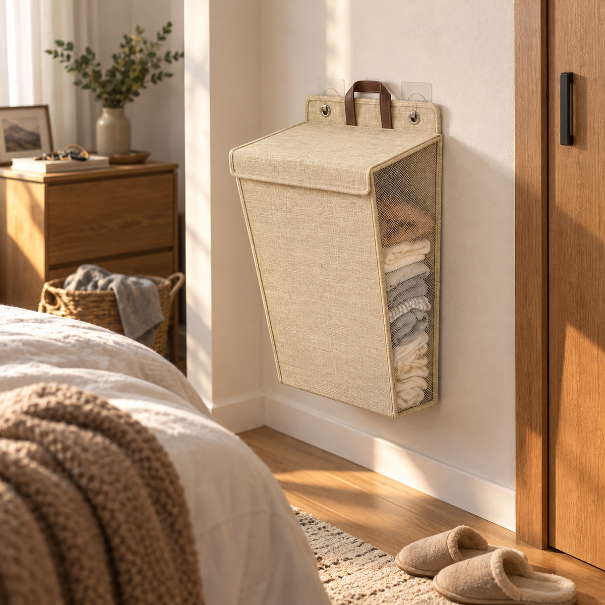 Beige hamper hung on a bedroom wall beside a wooden closet door