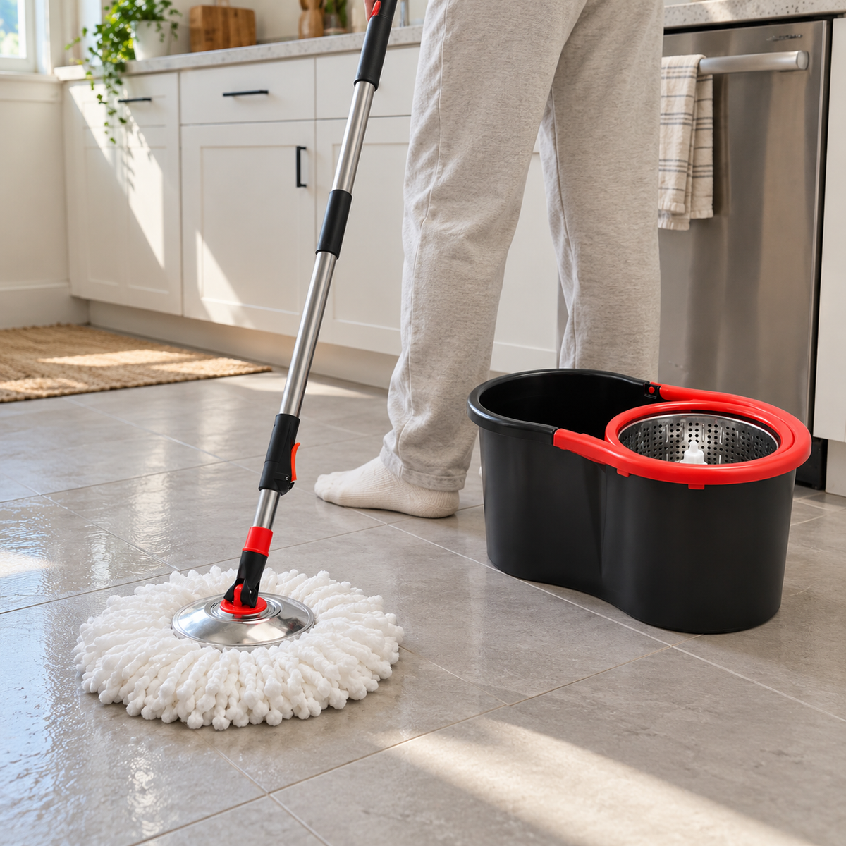 Mopping a kitchen floor with the spin mop