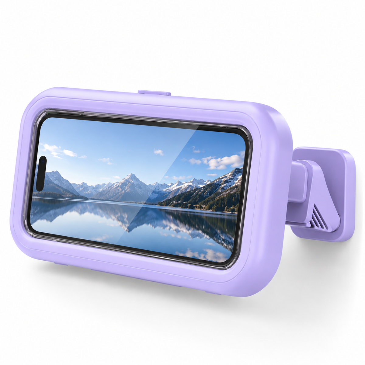 Purple waterproof shower phone holder with fold-out arm and wall plate