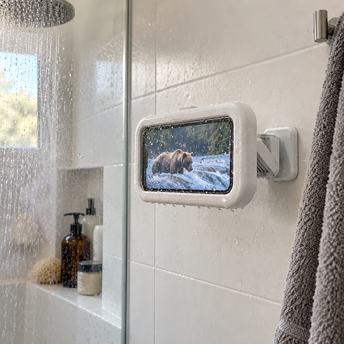 White shower phone holder on shower tile playing a video in landscape
