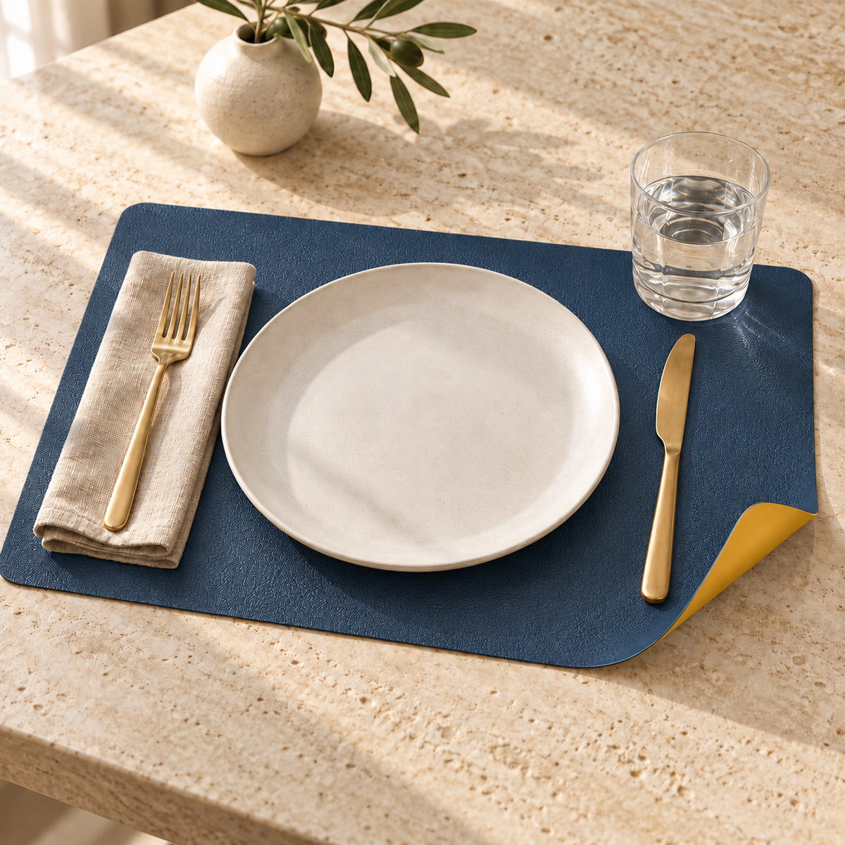 Navy blue reversible faux leather placemat on a travertine table, corner curled to show the mustard yellow back