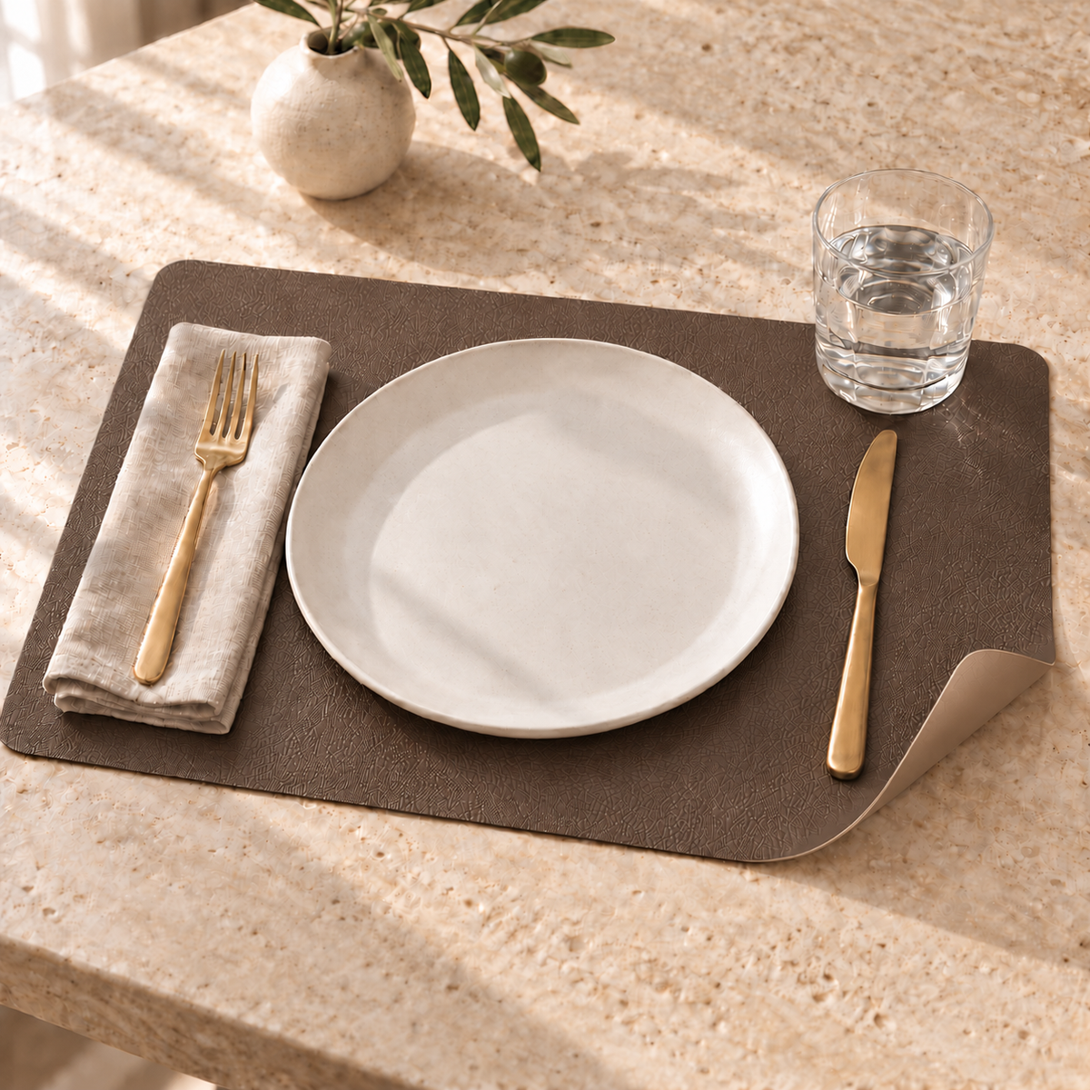 Dark coffee reversible faux leather placemat on a travertine table, corner curled to show the light taupe back