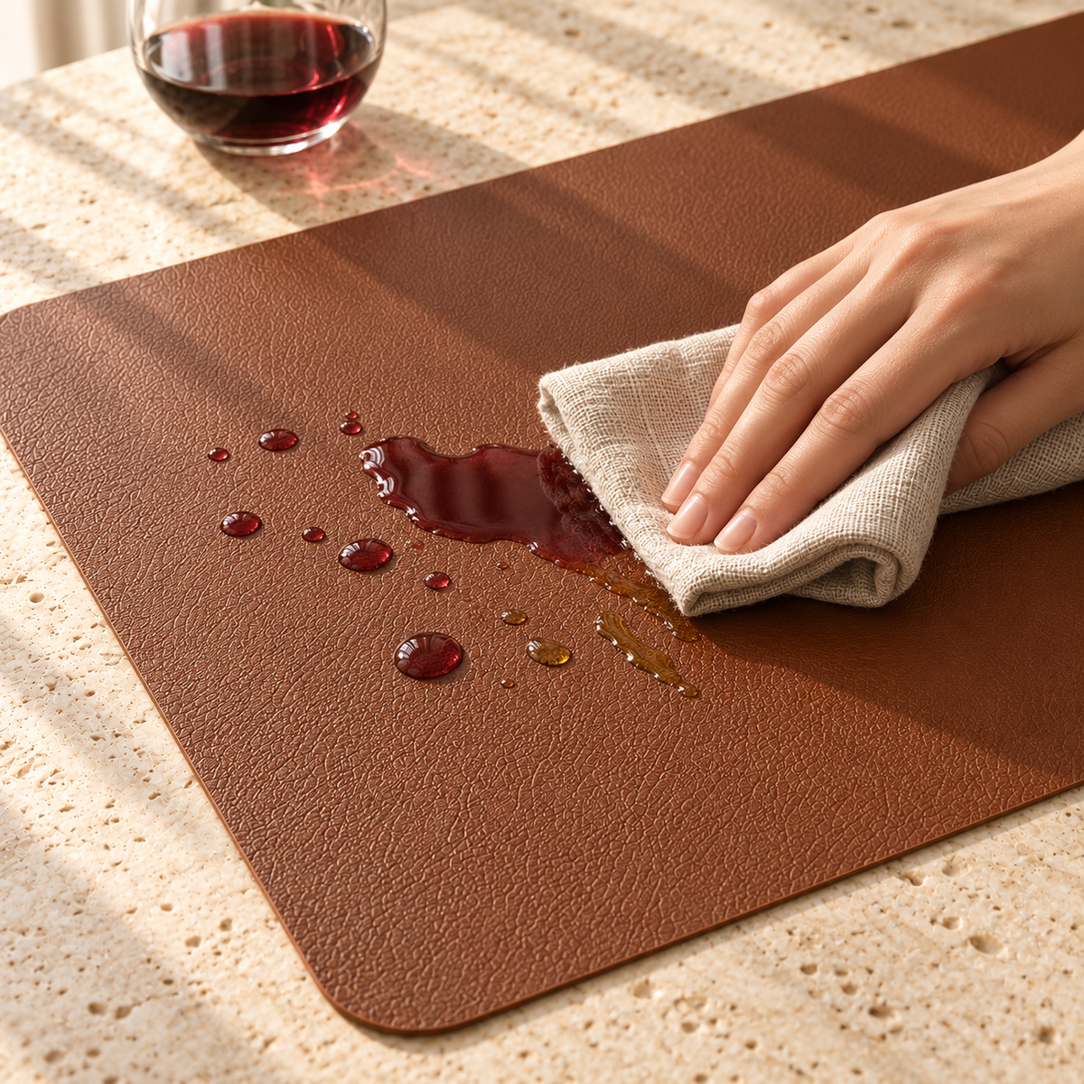 Wiping a red wine spill off a waterproof cognac faux leather placemat with a linen cloth