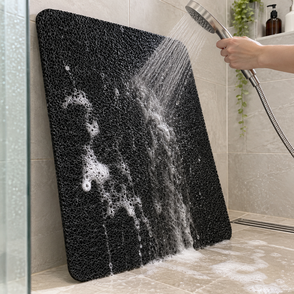 Shower mat rinsed and hung on a shower wall