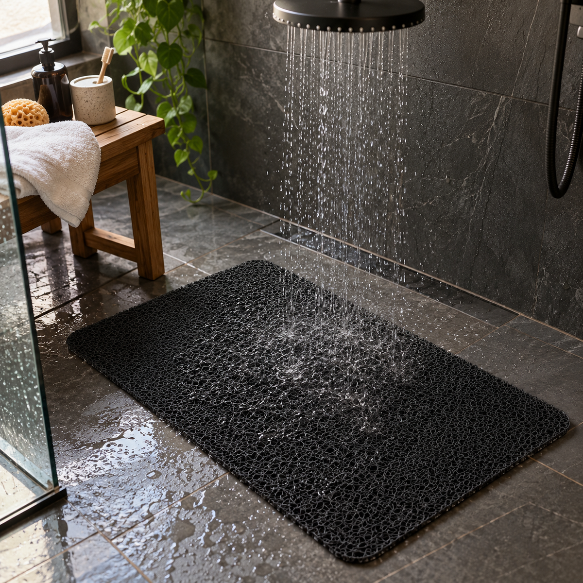 Black shower mat on a slate shower floor