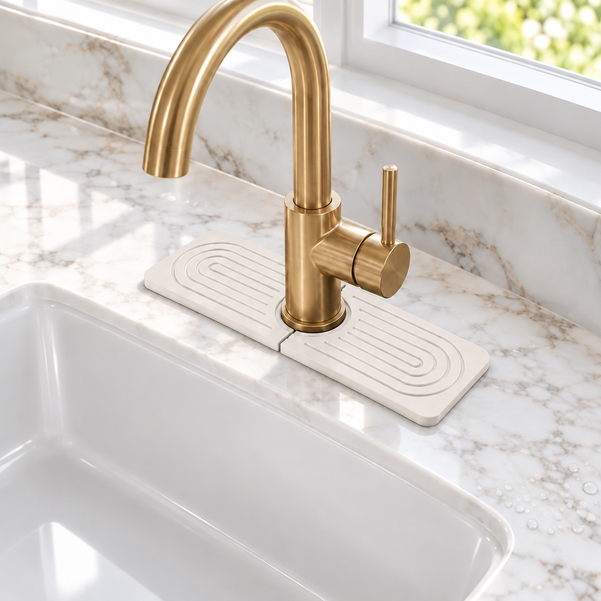 White diatomite sink mat, 15.7 in, around a brass faucet on white marble