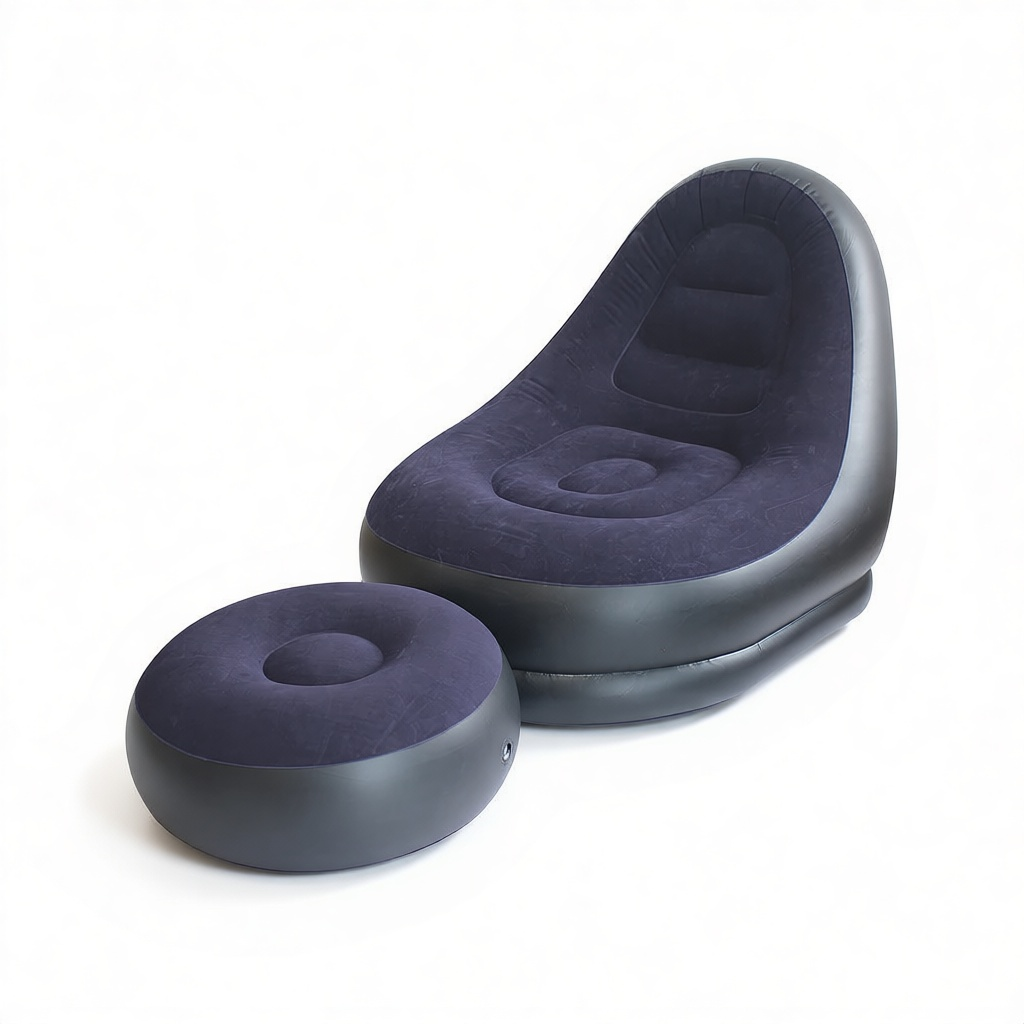 Navy blue inflatable lounge chair with matching ottoman on a white background
