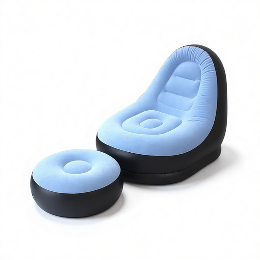 Sky blue inflatable lounge chair with matching ottoman on a white background
