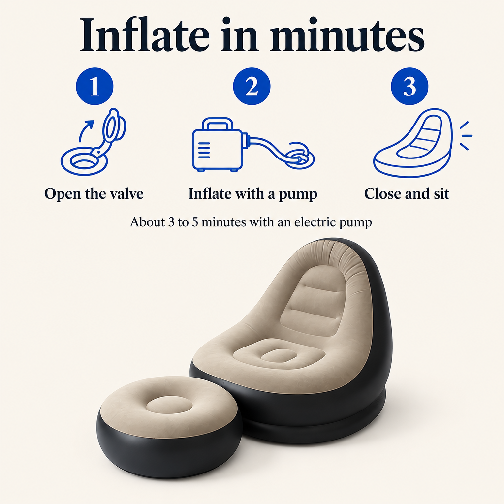 Inflate in minutes: open the valve, inflate with a pump, close and sit
